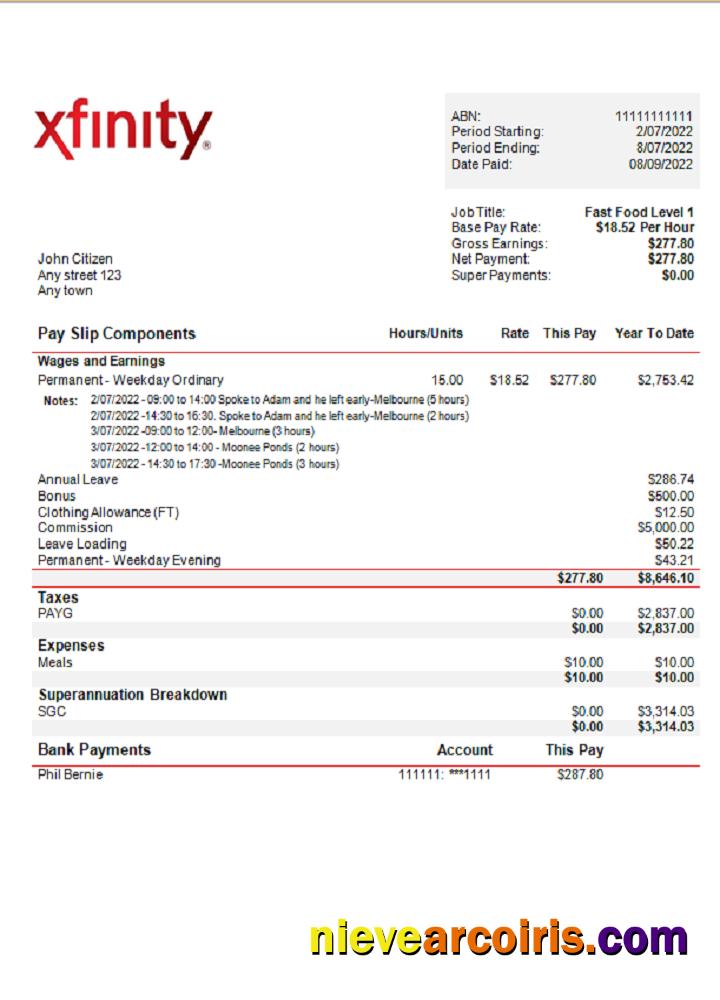 USA Xfinity broadasting company pay stub